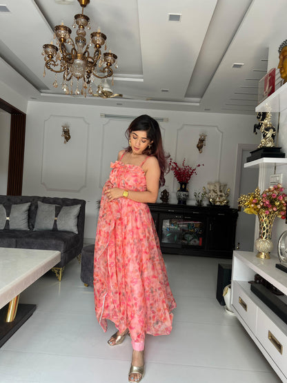 Peach Petal: Sadlo's Designer Digital Printed Organza Silk Anarkali Suit With Huge Flair