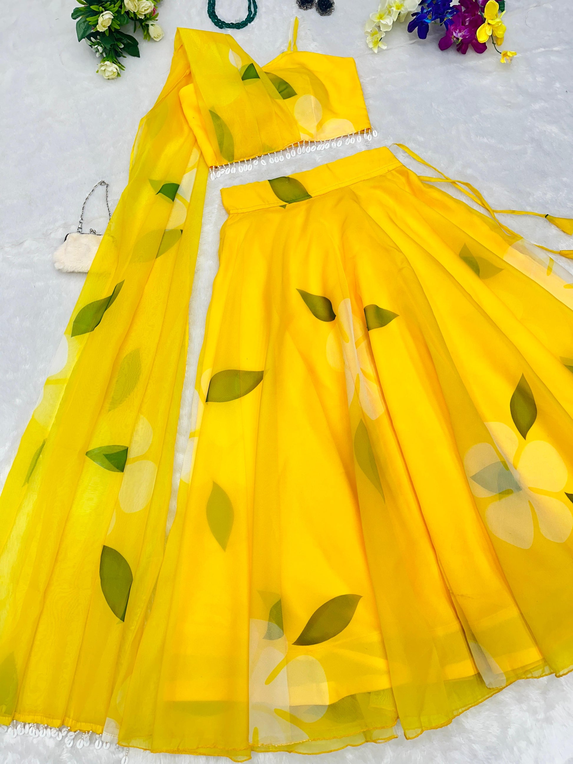 Sunshine Blossom: Sadlo`s Pure Organza Silk Digital Printed Lehenga Choli