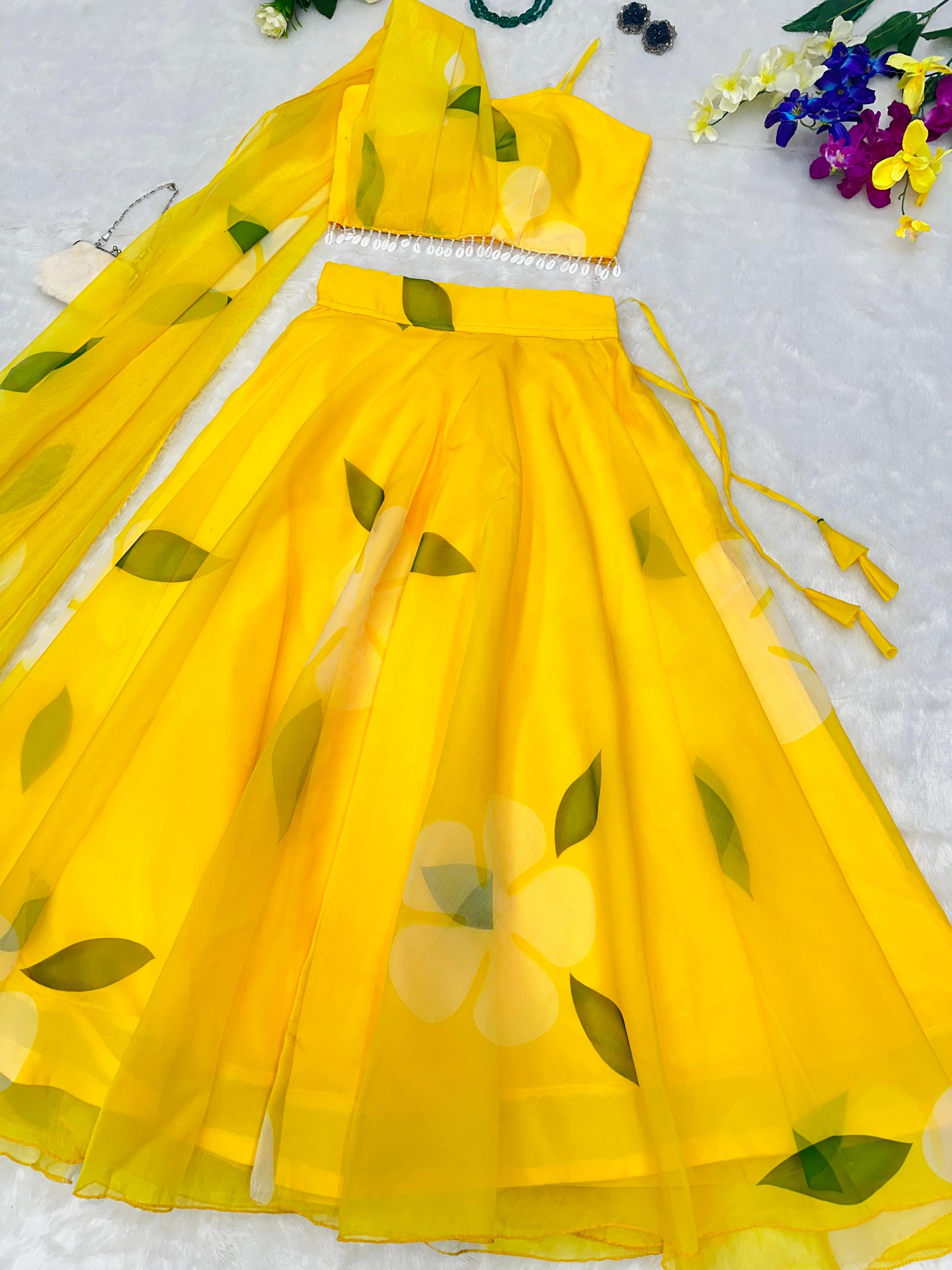 Sunshine Blossom: Sadlo`s Pure Organza Silk Digital Printed Lehenga Choli