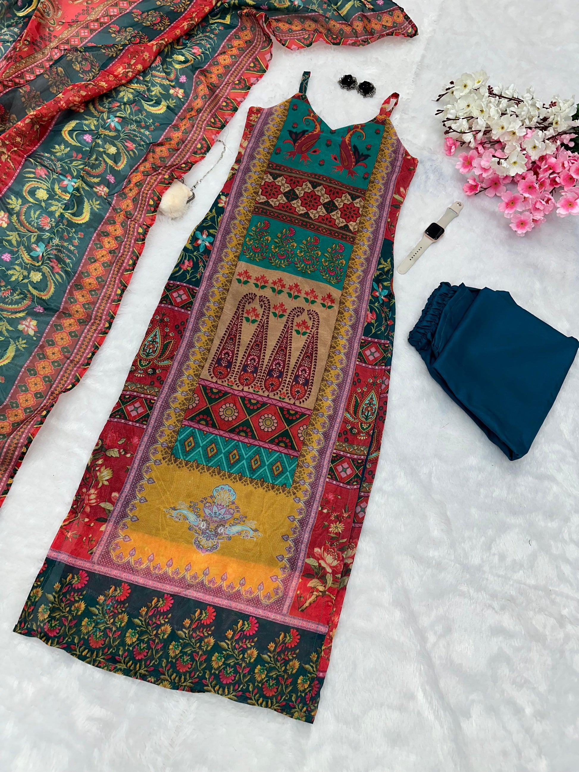 Ethnic Elegance: Sadlo's Designer Digital Printed Organza Silk Anarkali Suit