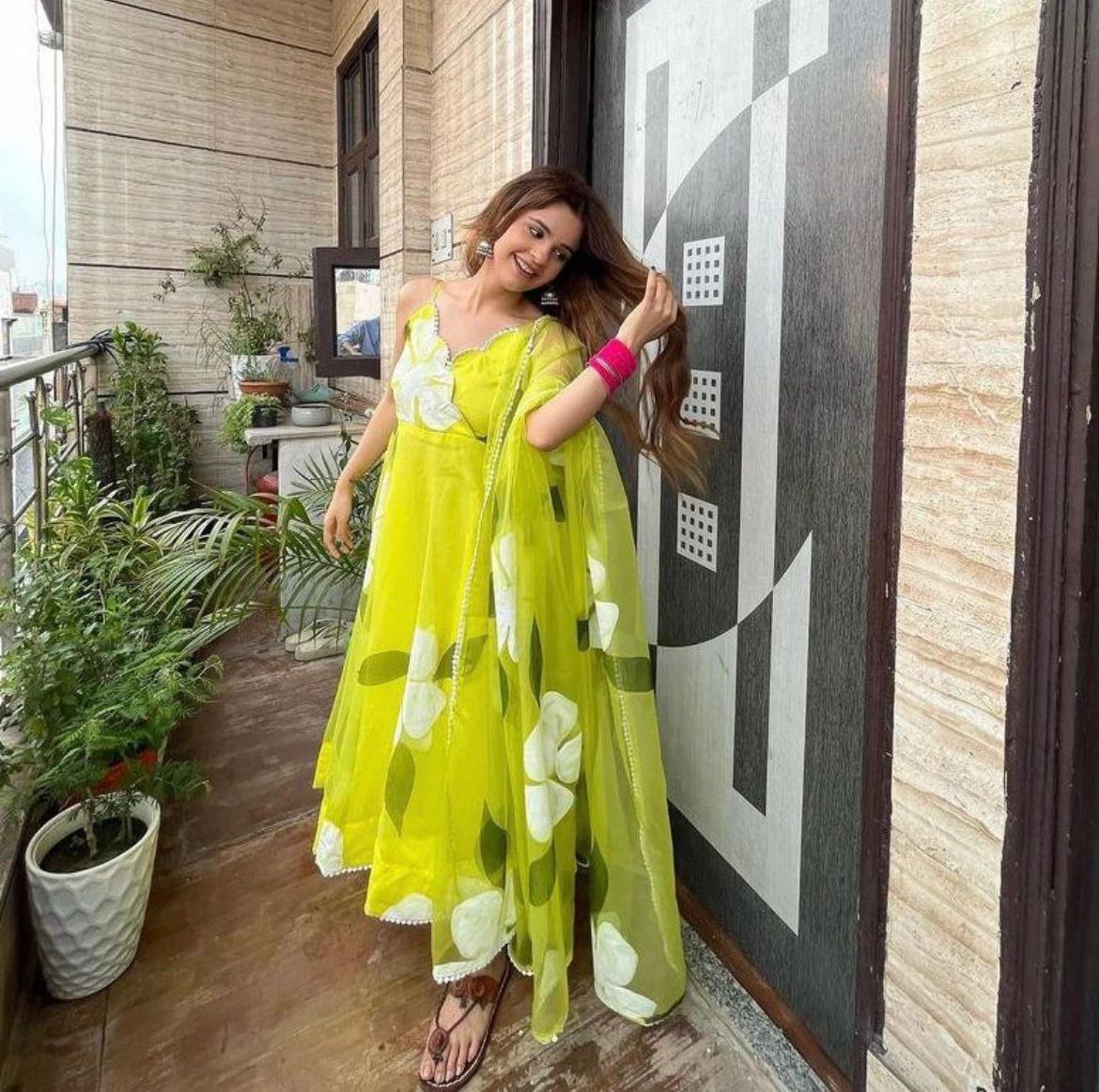 Bright Breeze: Sadlo's Designer Digital Printed Organza Silk Anarkali Suit With Huge Flair