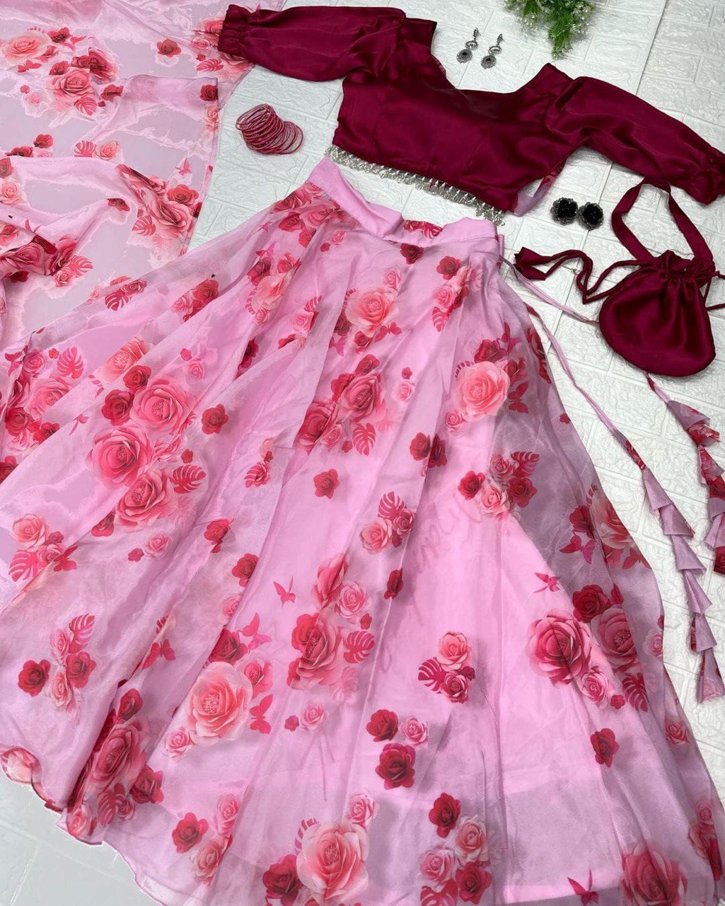 Burgundy Bloom: Sadlo`s Pure Organza Silk Digital Printed Lehenga Choli