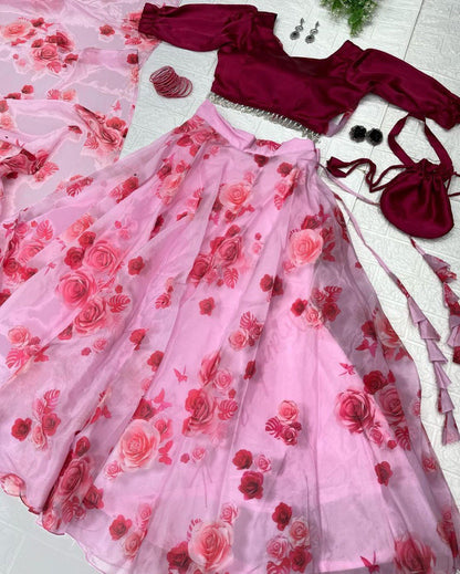 Burgundy Bloom: Sadlo`s Pure Organza Silk Digital Printed Lehenga Choli