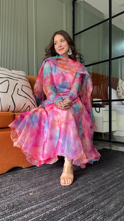 Colorful Whimsy: Sadlo's Designer Digital Printed Organza Silk Anarkali Suit With Huge Flair