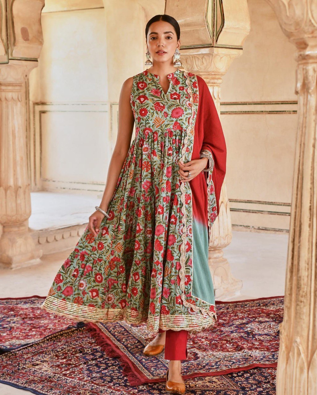 Floral Fiesta: Sadlo`s Digital Printed Muslin Cotton Anarkali Suit with Huge Flair