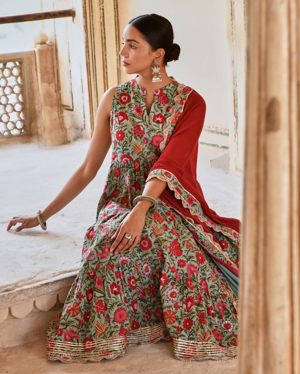 Floral Fiesta: Sadlo`s Digital Printed Muslin Cotton Anarkali Suit with Huge Flair