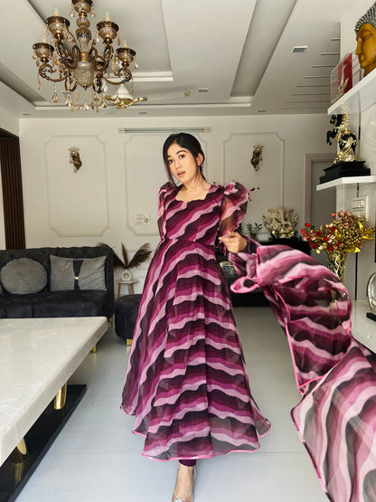 Maroon Waves: Sadlo's Digital Printed Organza Silk Anarkali Suit With Huge Flair