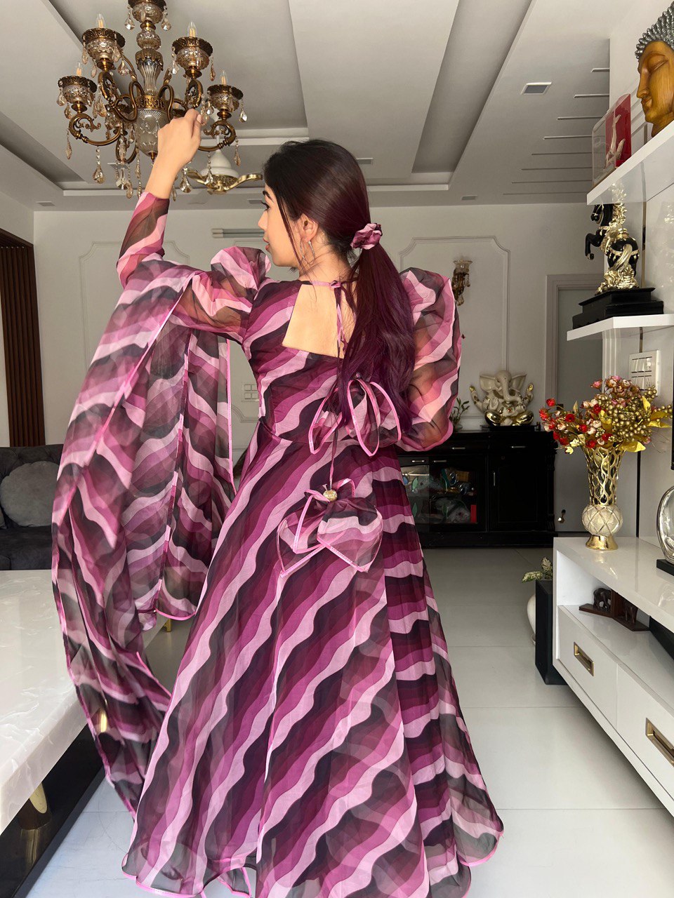 Maroon Waves: Sadlo's Digital Printed Organza Silk Anarkali Suit With Huge Flair